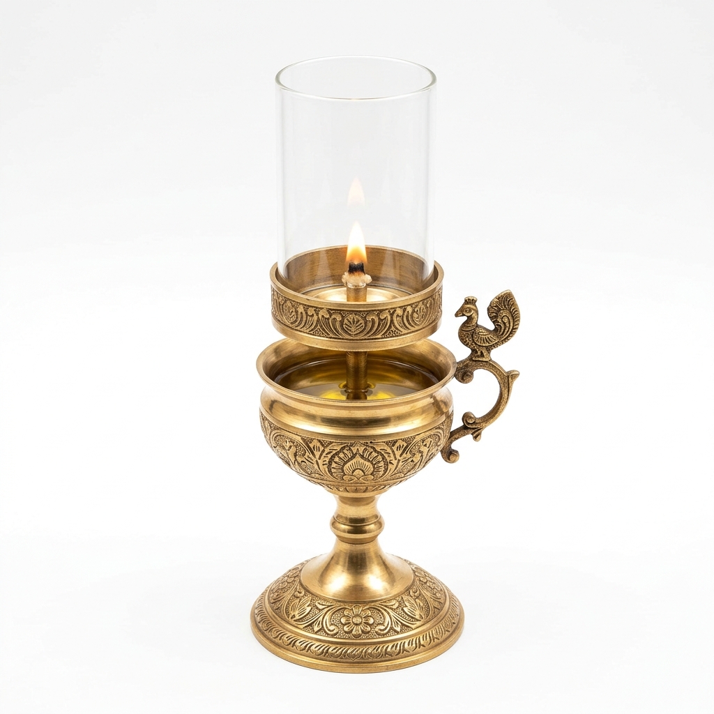 Solid Brass Akhand Diya with Glass Chimney