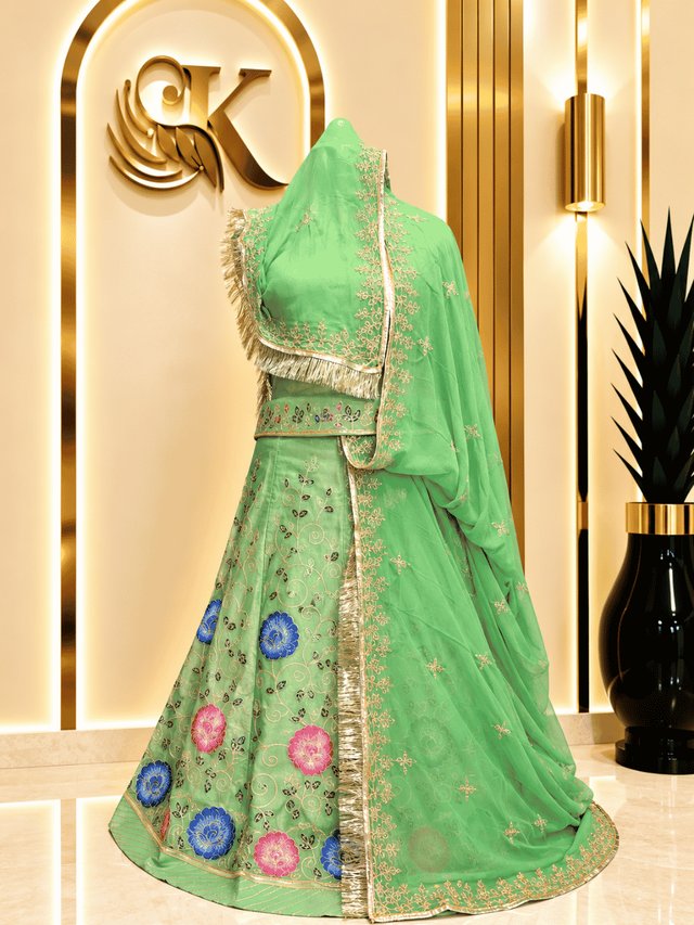 Chandan Fendy Silk Rajputi Poshak– Elaichi Green — Royal Rajputi Poshak by Findaro