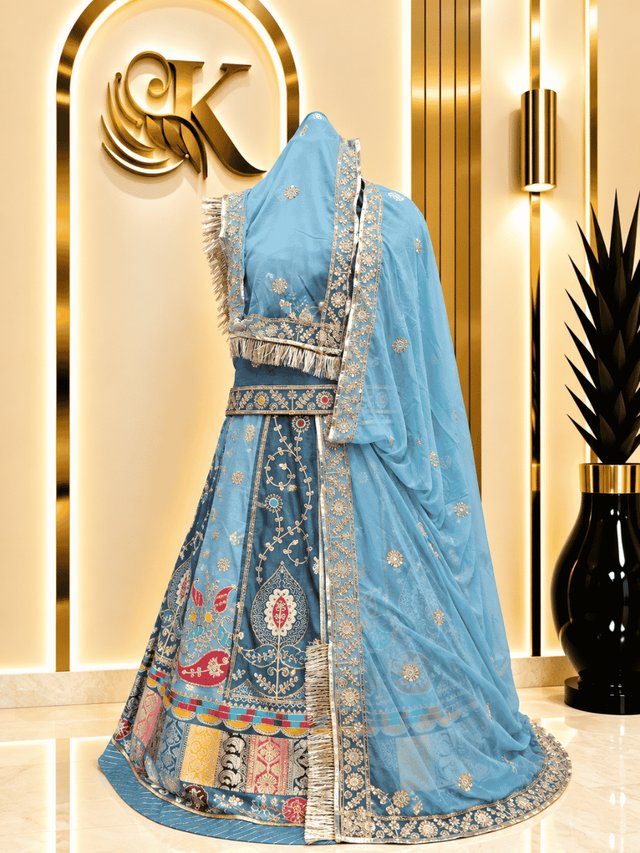 Nidhi Gold Crush Rajputi Poshak– Teal Blue — Royal Rajputi Poshak by Findaro