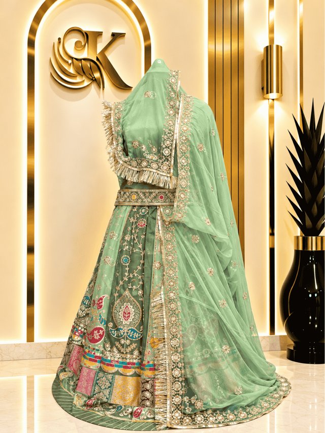 Nidhi Gold Crush Rajputi Poshak– Elaichi Green — Royal Rajputi Poshak by Findaro